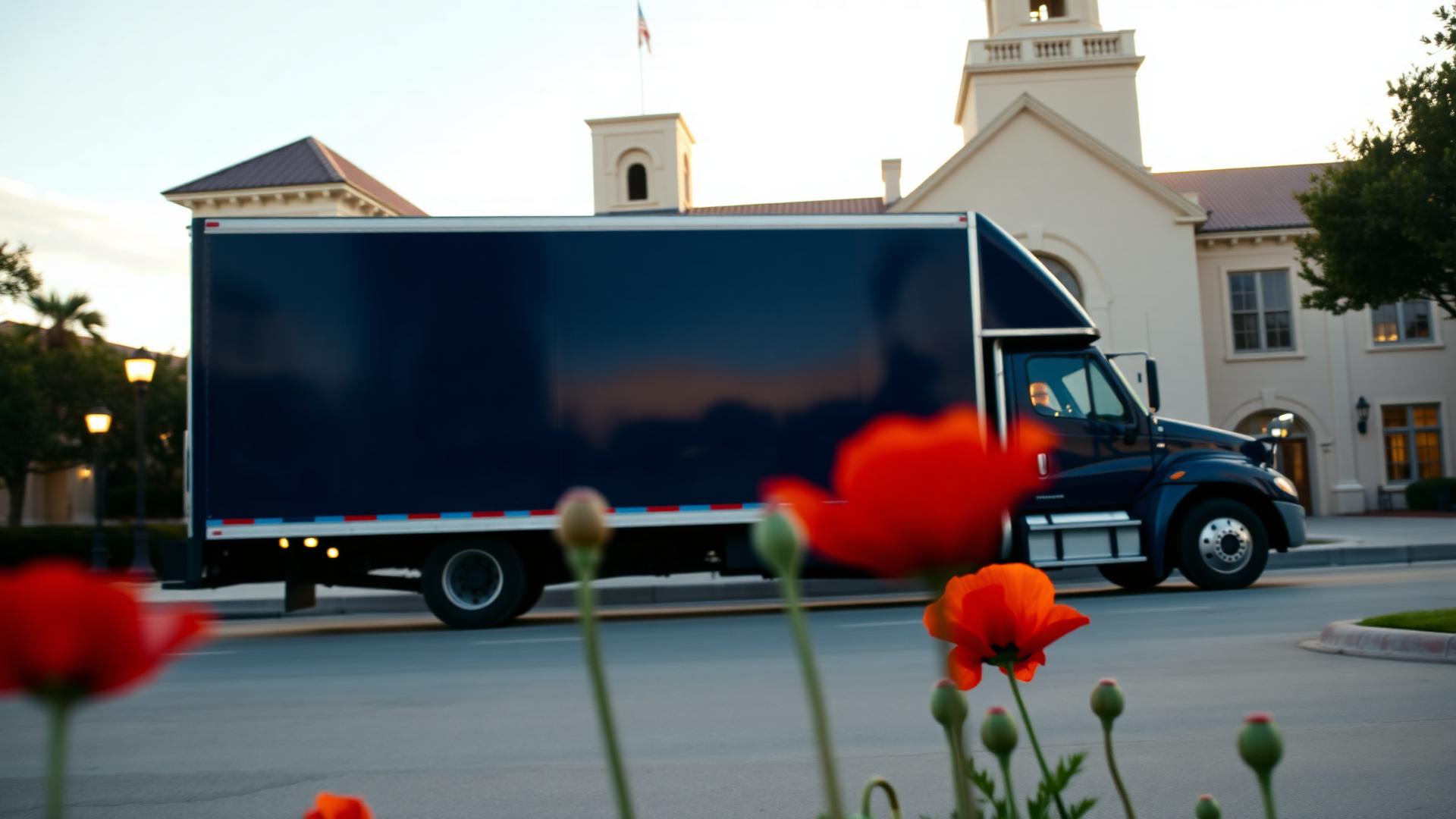 Navy blue Georgetown Moving Red Poppy truck parked near Georgetown Texas courthouse square at sunset