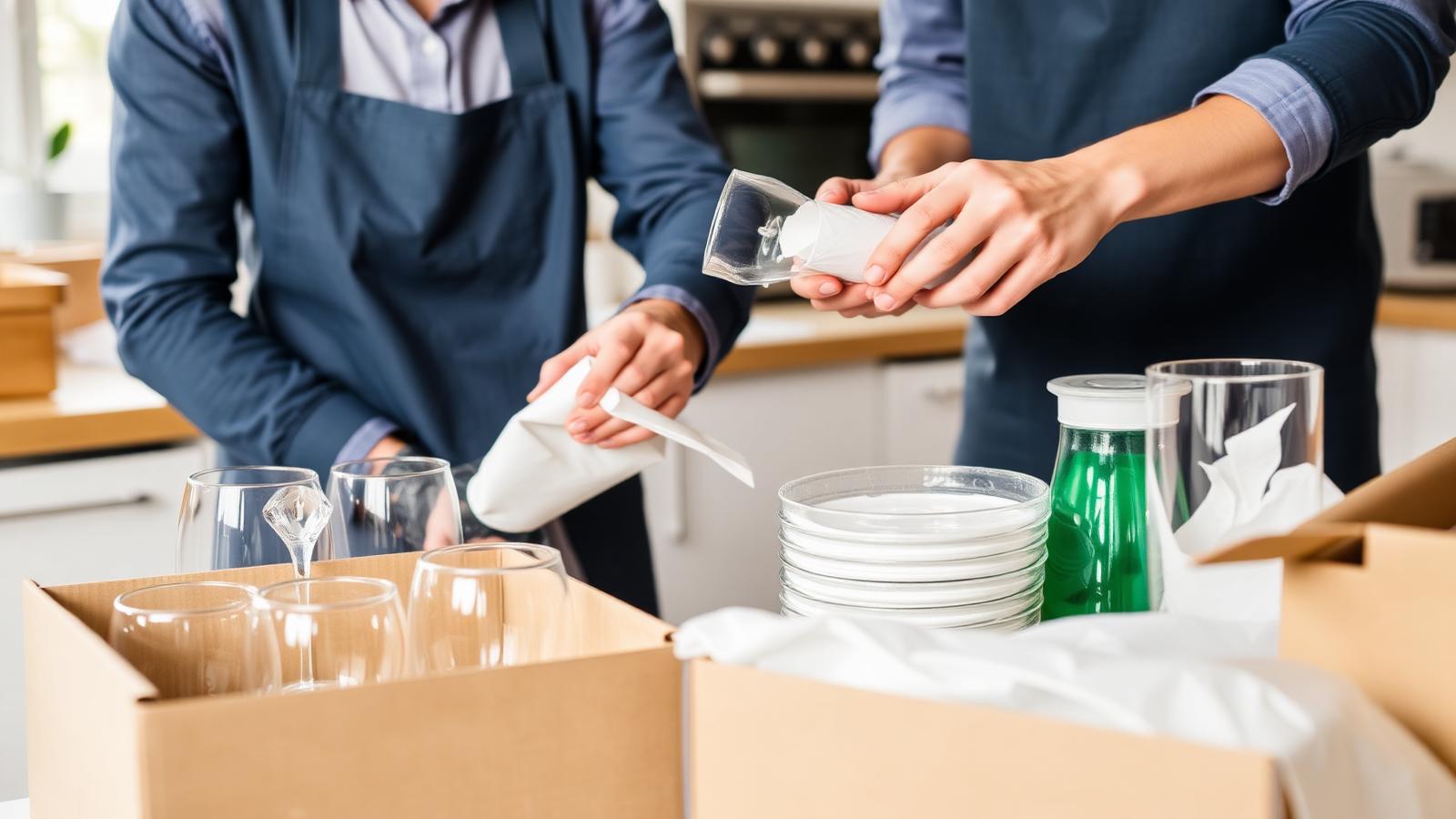 Professional packers carefully wrapping fragile kitchen items with packing paper